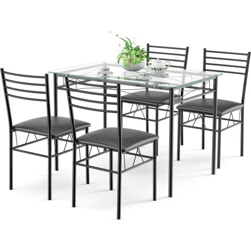 5PC Dining Set Modern Dining Room Tempered Glass Top Table & 4 Upholstered Dining Chairs Kitchen Furniture HW61400