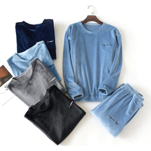 Pajamas Set Mens Thermal Fleece Thick Warm Pyjamas Suit Plus Size Long Sleeve Casual Home Pyjama Set Casual Sleepwear Suit