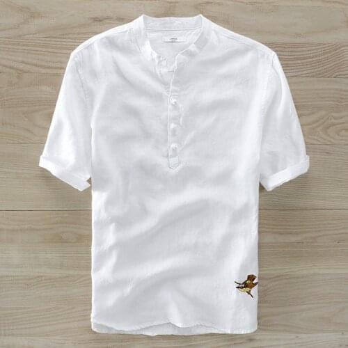 New trend Spain brand short-sleeved summer men shirts solid comfortable linen shirt men casual embroidery pattern camisa