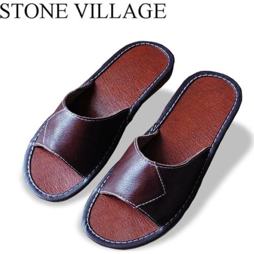 STONE VILLAGE Genuine Leather Slippers Unisex Women Men Slippers Cow Muscle Non-Slip Floor Home Slippers Women Men Shoes