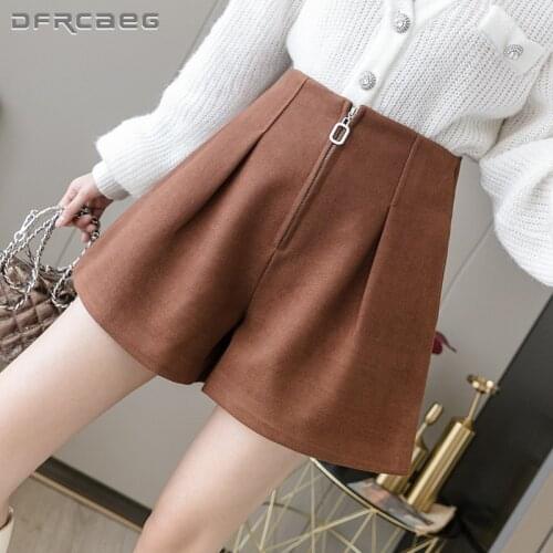 Loose Coffe Wide Leg Wool Women Shorts 2021 Fashion High Waist Korean Warm Thicken Woolen Short Pants Female