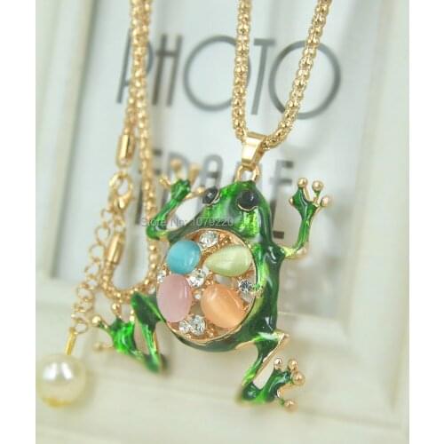 Opal Frog Bead Sweater Necklace Women Jewelry Crystal Long Necklace Pendants Rhinestone Chain Christmars Valentines Days Gift