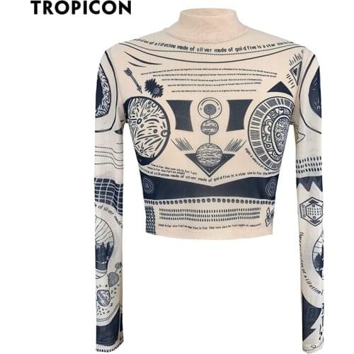 TROPICON Tattoo Mesh Crop Top Long Sleeve Tees Graphic T Shirts Women See Through High Fashion Top Aesthetic Bodycon Tshirt