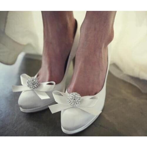 Bride wedding dress shoes white color crystal bow knot pure white platform wedding pumps white wedding platform pumps high heels