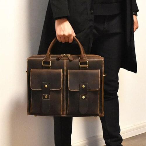 Vintage Natural Crazy Horse Leather Men Briefcase 14" Laptop Bag