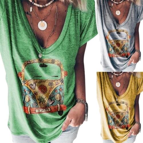 Women Summer Fashion V Neck Short Sleeve Cartoon Car Print T-shirt Blouse Top