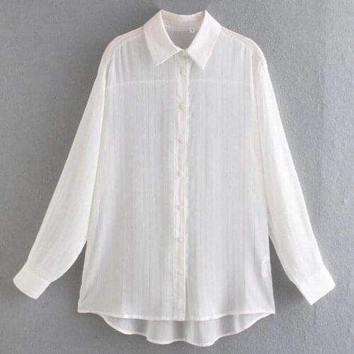 Spring Polyester Womens Shirt Turn-Down Collar Long Sleeve Button Cardigan Rice White Solid Striped Fashion Office Lady Shirt