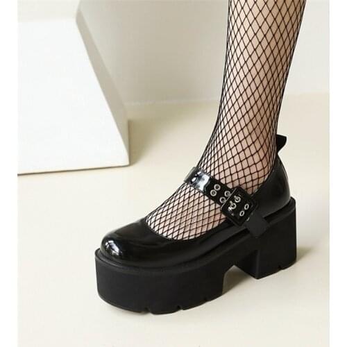 PXELENA Drop Ship Patent Leather Women Punk Rock Gothic Cosplay Shoes Chunky Block High Heel Pumps Lady Platform Plus Size 34-43