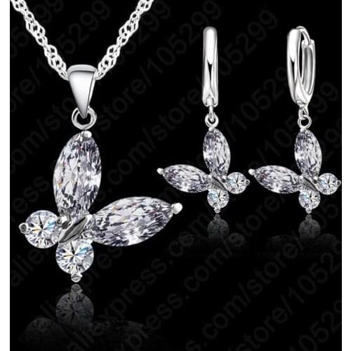 Shiny Butterfly Shape Fashion 925 Sterling Silver Pendant Necklace Hoop Earrings For Women Bridal Wedding Jewelry Sets