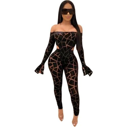Adogirl Sheer Mesh Striped Jumpsuit Women Sexy Offf Shoulder See Through Ruffles Sleeve Pencil Pants Bodycon Women Jumpsuit