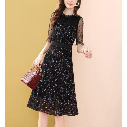 Only Plus Women Black Chiffon Star Printed Dress Transparent Half Sleeve High Waist O-Neck A-Line Fairy Dresses For Women Summer