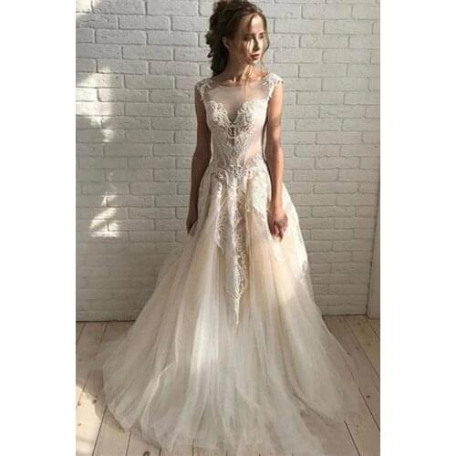 Lace Appliques Tulle Wedding Dress for Bride 2021 Scoop Neckline Sleeveless Lace-up Back Wedding Bridal Gowns Vestido De Novia