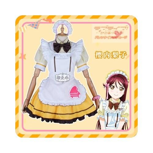 Anime lovelive Sunshine Aqours Sakurauchi Riko Cosplay Costume Restaurant Cafe dessert stripe maid outfit