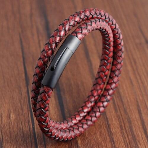 New Fashion Jewelry Men Bracelet Stainless Steel Magnet Clasp Antique Genuine Leather Cuff Bangle Bracelet Men