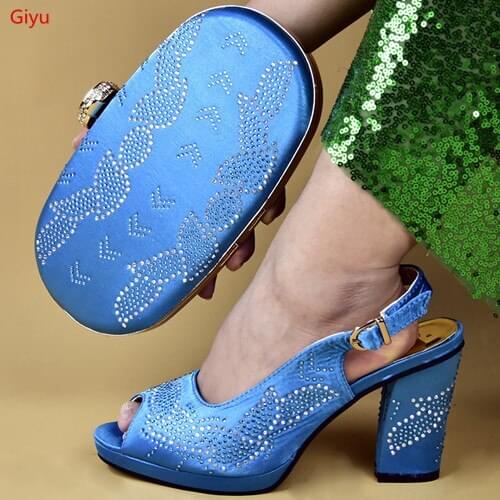 Doershow NewAfrican sky blue shoe and bag set for party Italian shoe with matching bag new design ladies bag with stones!HMS1-28
