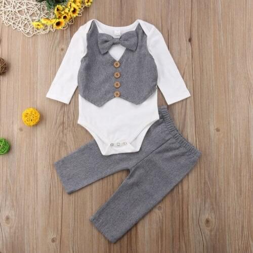 Kids Baby Boy Gentleman Bow Tie Shirt Tops Romper+Pants Party Formal Set Clothes