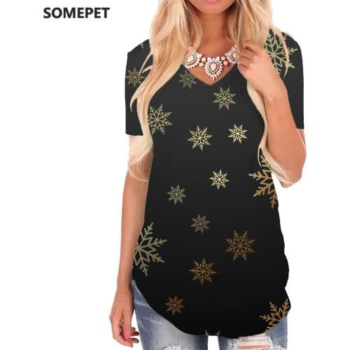SOMEPET Christmas T-shirt women Snowflake V-neck Tshirt Painting Funny T shirts Graphics T-shirts 3d Womens Clothing Punk Rock