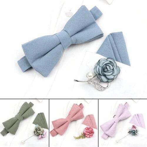 Solid Color Cotton Wedding Bowtie Set Handkerchief Rose Brooch For Men Dance Party Bar Blue Pink Butterfly Beautiful Suit Gift