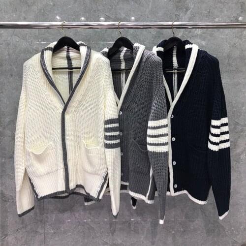 2021 Fashion Brand Sweaters Men Slim Turn Down Collar Cardigans Clothing Striped Coarse Wool Thick Winter Casual Coat