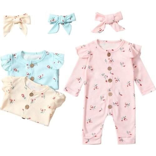 Toddler Girl Floral Printing Two-pieces Set, Baby Long Sleeve O-neck Button Jumpsuit + Bowknot Headdress Suit