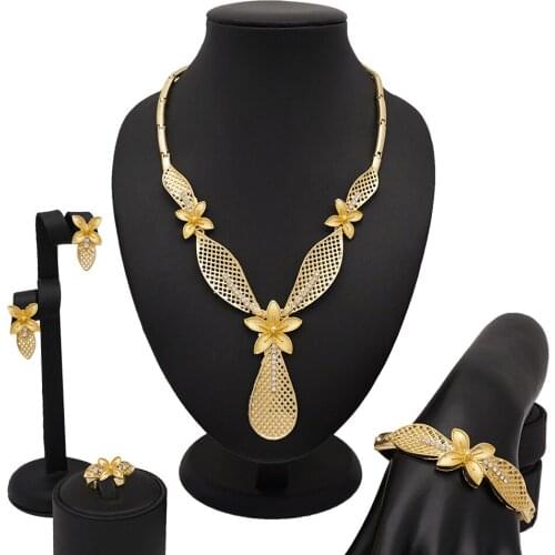 Dubai Jewelry Sets Big Necklace Classic Water Drop Shape Bracelet Earrings Ring for Women Wedding Jewelry Sets for Bride