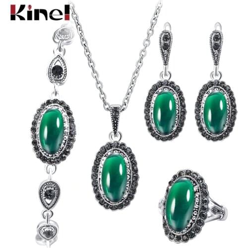 Kinel Hot 4Pcs/Lot Boho Jewelry Sets Red Stone Necklace And Earring Bracelet Ring For Women Fashion Jewelry Set Wholesale