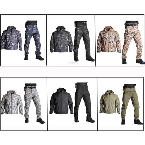 Tactical Jackets Set Men Soft Shell Hiking Jacket + Pants Army Waterproof Camo Hunting Clothes Shark Skin Military Jacket