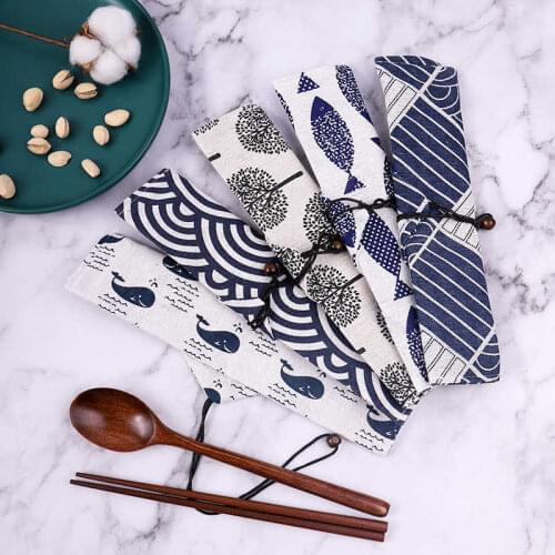 Japanese Wood Chopsticks Spoon Set Travel Outdoor Eating Ware Vintage Wood Chopsticks Packing Bag 3-piece Set Cutlery