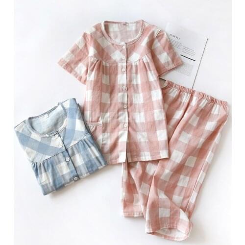 New plaid pajamas ladies spring and summer thin section short-sleeved cropped trousers cotton two-piece suit home service women