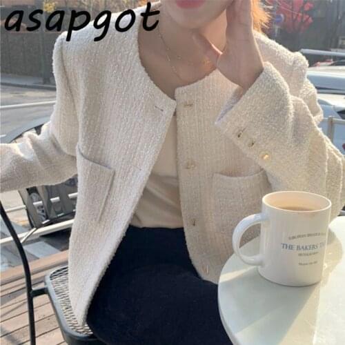 Korean Chic Simple Temperament Round Neck Loose Wild Pocket Single-breasted Long-sleeved Tweed Plaid Coat Office Lady Fashion