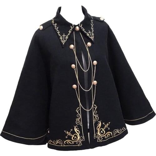 Winter Woolen Women Cloak Magic school Coat Gold Cross Embroidery Gothic Black Lolita Princess Royal Long Cape