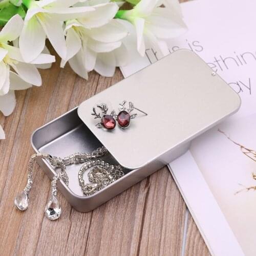 Silver Metal Tin Rectangle Jewelry Storage Box Case Candy Coin Key Pill Organizer Sliding Organizer Small Items Container