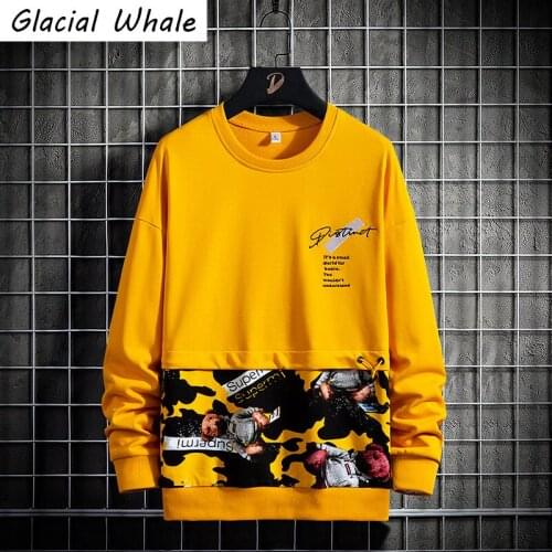 GlacialWhale Oversized Crewneck Sweatshirt Men Harajuku Patchwork Hip Hop Japanese Streetwear Yellow Hoodie Men Sweatshirts Male