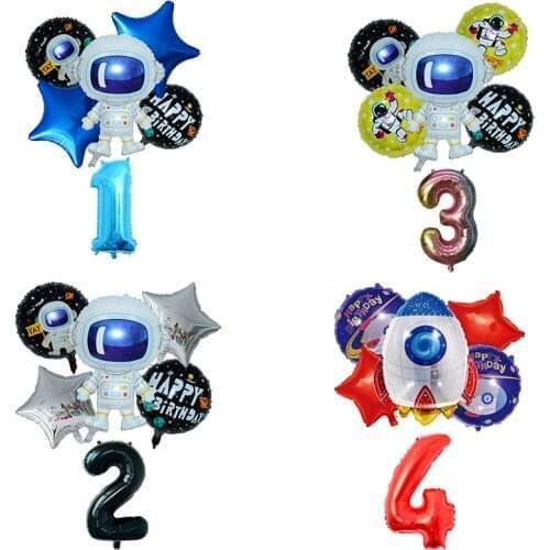 6Pcs Outer Space Theme Party Astronaut Balloon Number Rocket Foil Balloons Kid Party Decorations