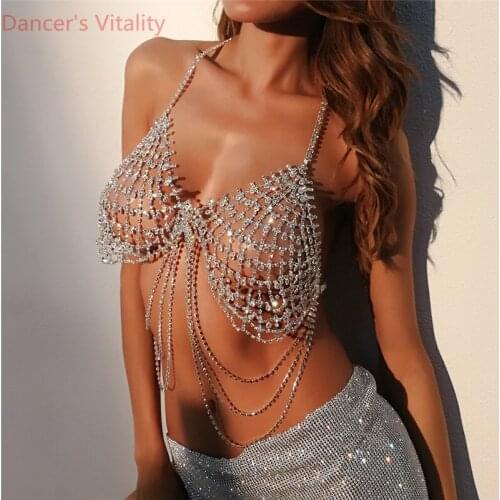 Western Sexy Nightclub DJ Lady Singer Costumes DS Sparkling Diamond Cut out Tassel Bra Chain Carnival Party Pole Jazz Dance Wear