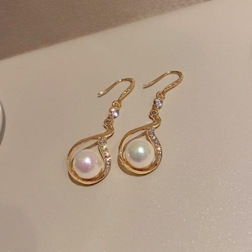 Simple Geometric Shining Rhinestone Hook Earrings for Women Girls Simulated Pearl Drop Earrings Korean Fashion Jewelry