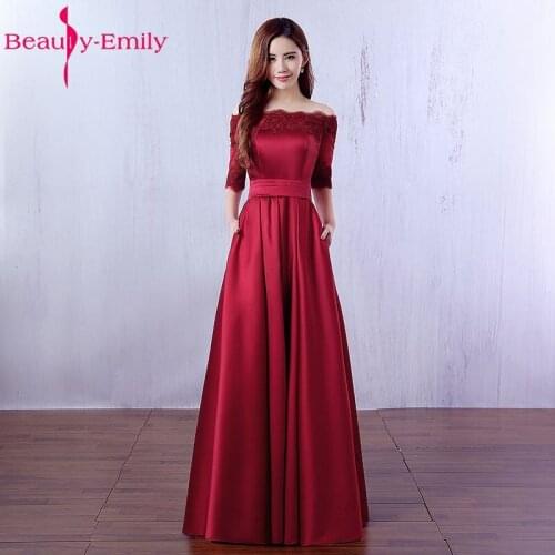 Beauty Emily Elegant Wine Red Long Evening Dresses 2019 Lace Up Boat Neck Women Party Prom Dresses Robe De Soiree