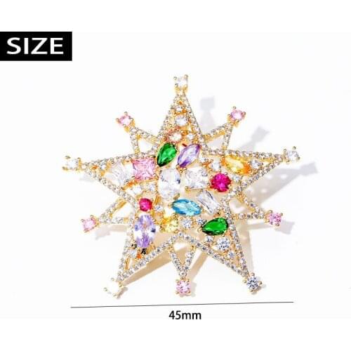2021 Copper Sparkling Colorful Cubic Zirconia Five Star Brooch S925 Pin for Women Girls