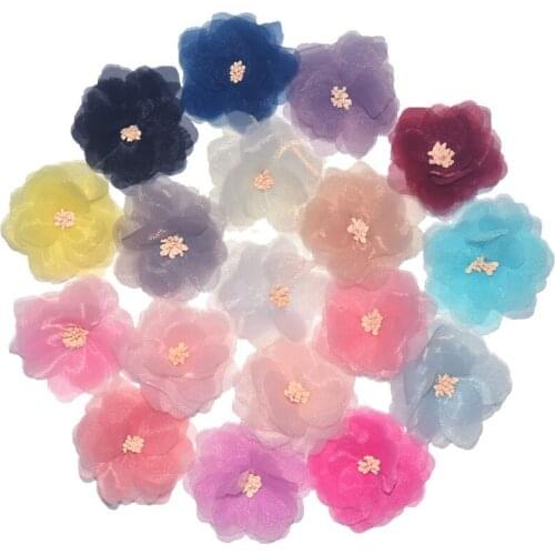 60 PCS/lot , Handmade Organza Flower with beads center, great for DIY headbands, Shoes, Brooches, Wedding Accessory