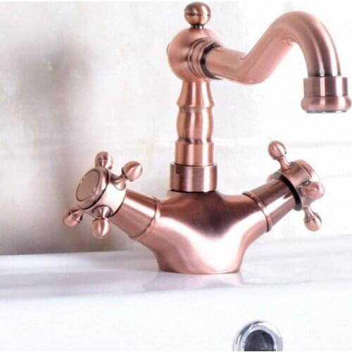 Antique Red Copper Brass Dual Cross Handles Bathroom Kitchen Basin Sink Faucet Mixer Tap Swivel Spout Deck Mounted mnf256