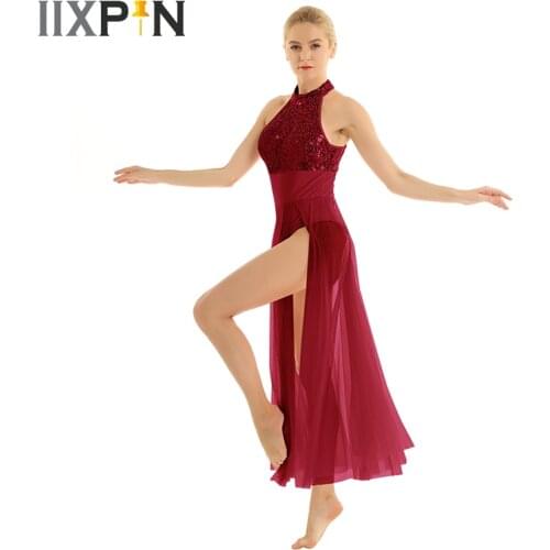 Adult Ballet dress ballerine femme Sequined Mesh Maxi lyrical dance costume with Built-in Leotard Sleeveless Halter Dance Dress