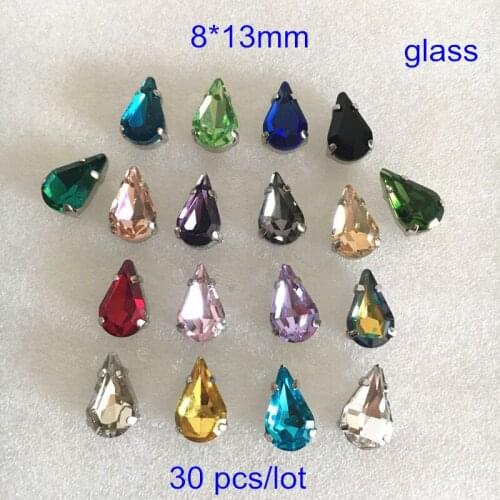 Free Shipping - 30 pcs Pear Shape Faceted Glass Bead,Flat Back Silver Setting Sew on Beads,DIY Findings,8*13mm