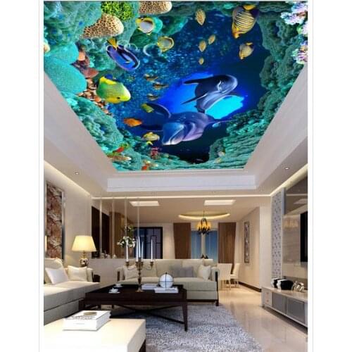 Free shipping custom mural 3d non-woven wallpaper Sea World Dolphin HD stereo ceiling ceiling frescoes beauty wall decoration