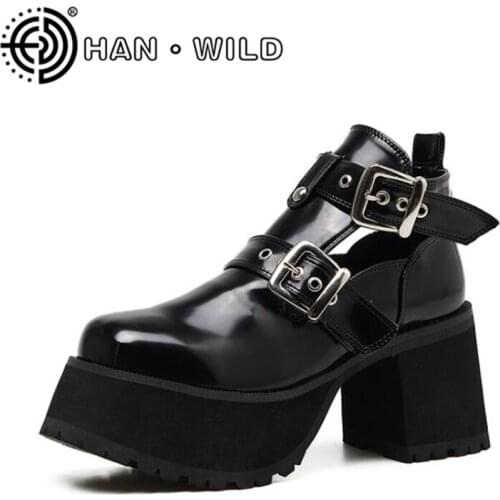 Punk Platform Boots Women Genuine Leather Ankle Boots Metal Buckle Motorcycle Boots Wedges Shoes High Heels Ladies Boots