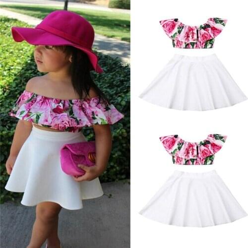 Kids Baby Girl Summer Clothes Eleghant Sets Girl 2Pcs Off Shoulder Ruffles Floral Crop Tops+Pleated Skirts Girl Outfits 1-6Y