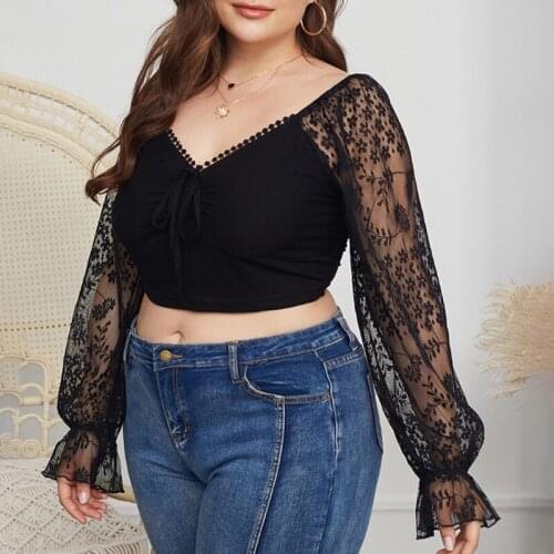 Womens plus size fat MM long-sleeved short commuter shirt, chiffon shirt, lace shirt