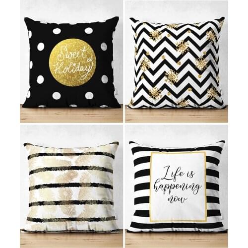Double Sided Gold Printed Geometric Patterned 4'lü Modern Suede Cushion Pillow decorate Case Set