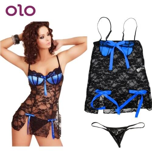 OLO Sexy Lingerie Set Floral Bow G-String Underwear Womens Hot Erotic Chemises Lace Lingerie Babydoll Nightwear Sex Dress