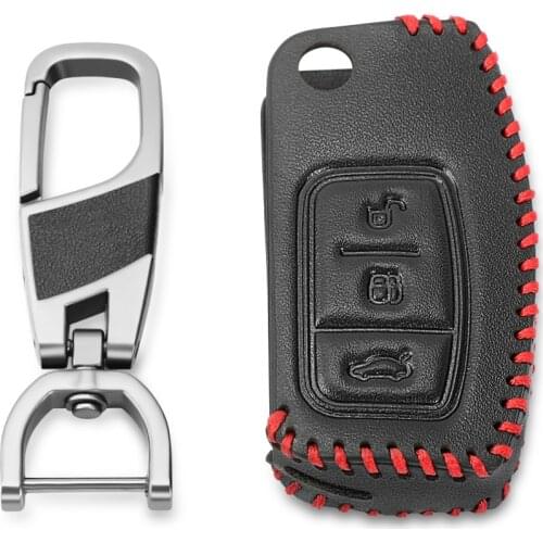 Leather Car Key Case For Ford Fiesta Focus 2 Mondeo Ecosport Kuga Escape 3 Buttons Folding Remote Fobs Cover Keychain Holder Bag