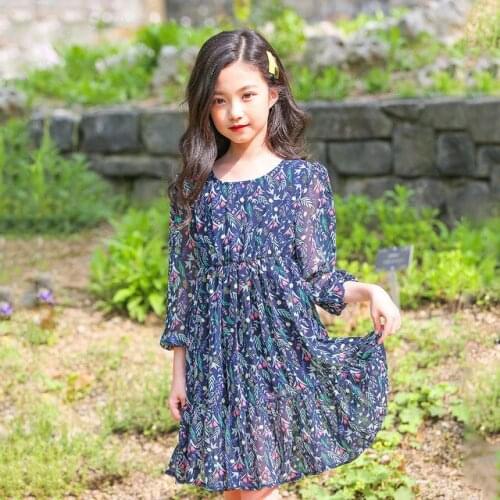 Fashion Lovely Floral Dress for Girls Children Clothing Big Girl Autumn Long Sleeve Dresses Children Flowers Printed Beach Dress